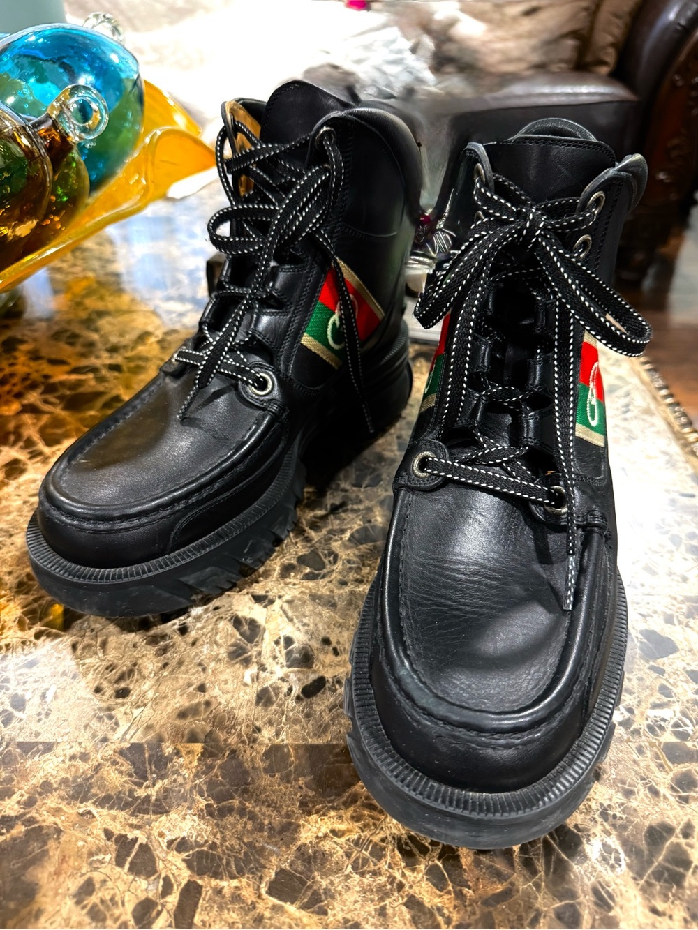 Unisex Black Leather LaceUp Boots, Red & Green Accent, Men’s 4.5,Women’s 38.5/39